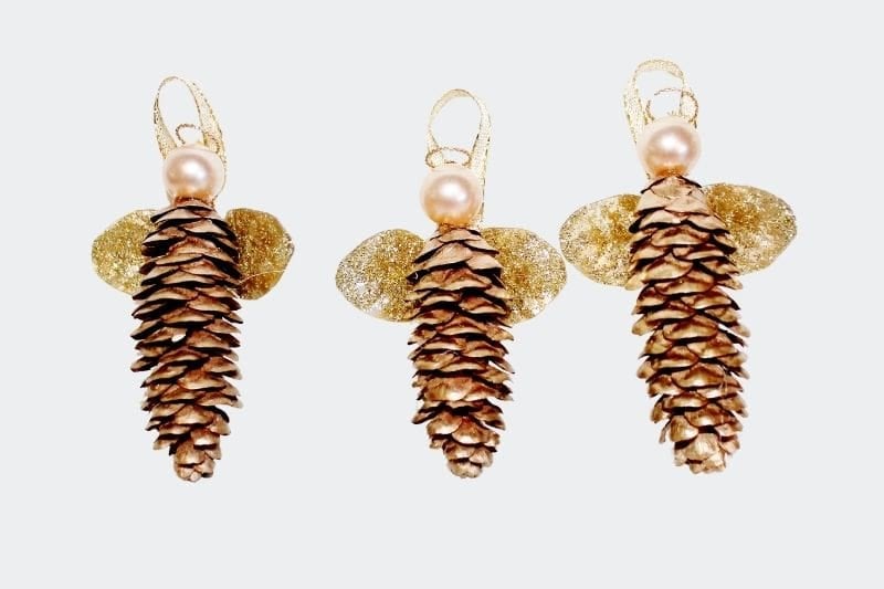 3 small gold pine cone angel ornaments