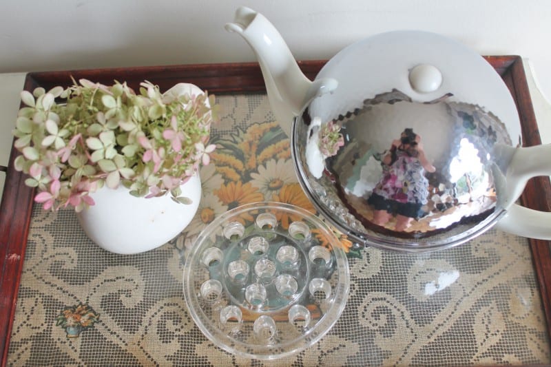 vintage teapot, tray and flower frog