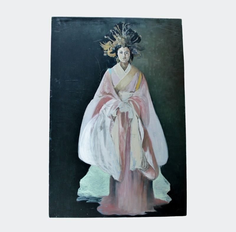 oil painting of an asian woman in traditional dress: pink and white on black background