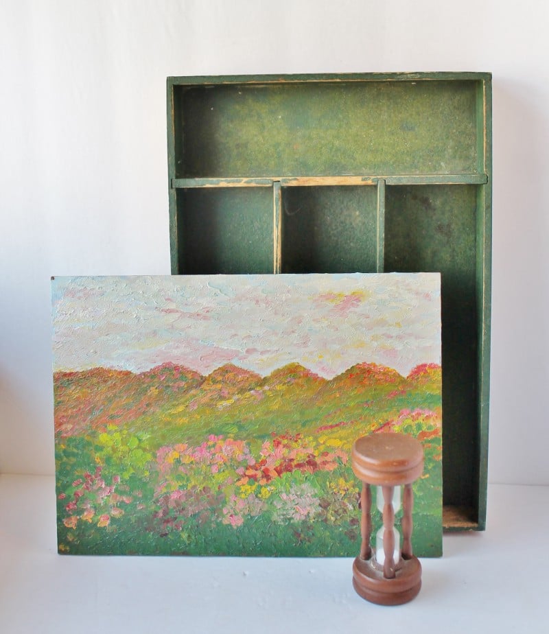 vintage finds--painting, tray, and timer