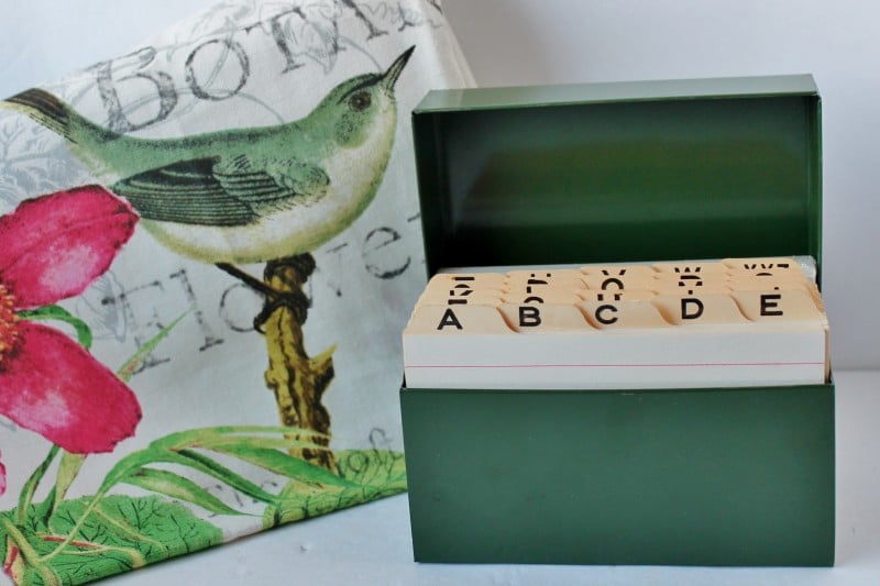 New linen towel and vintage green metal recipe box
