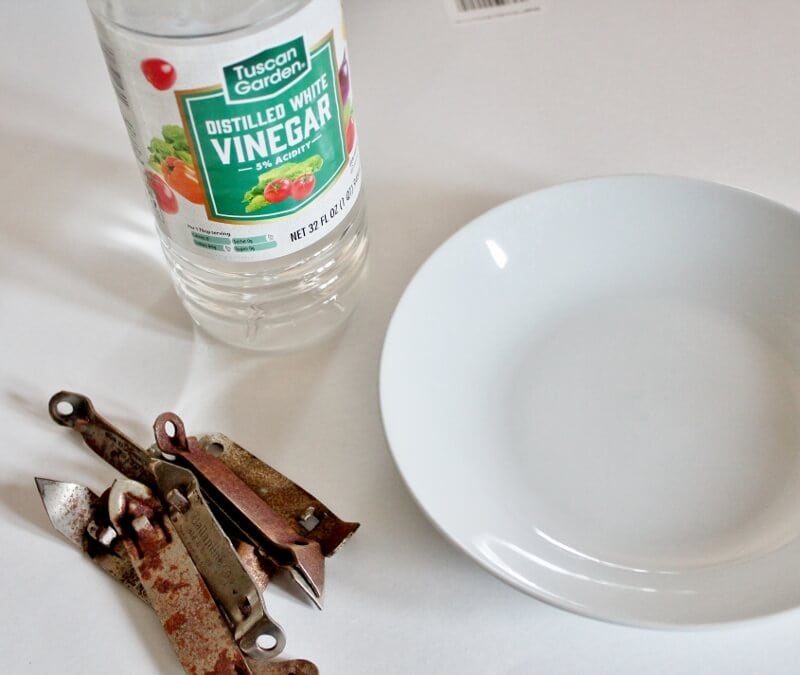 Rusty can openers, bottle of vinegar and a white bowl