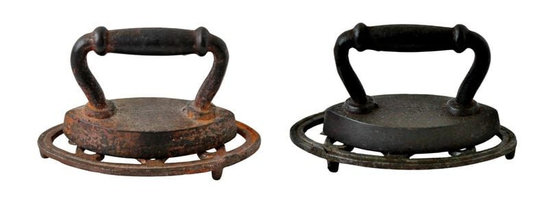 Toy sad iron and trivet: rusty before and clean after