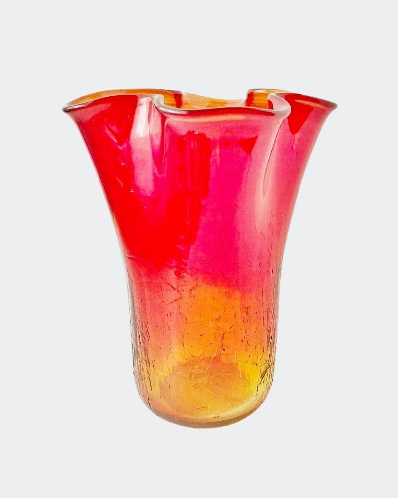 Large red and yellow crackle glass hankie vase