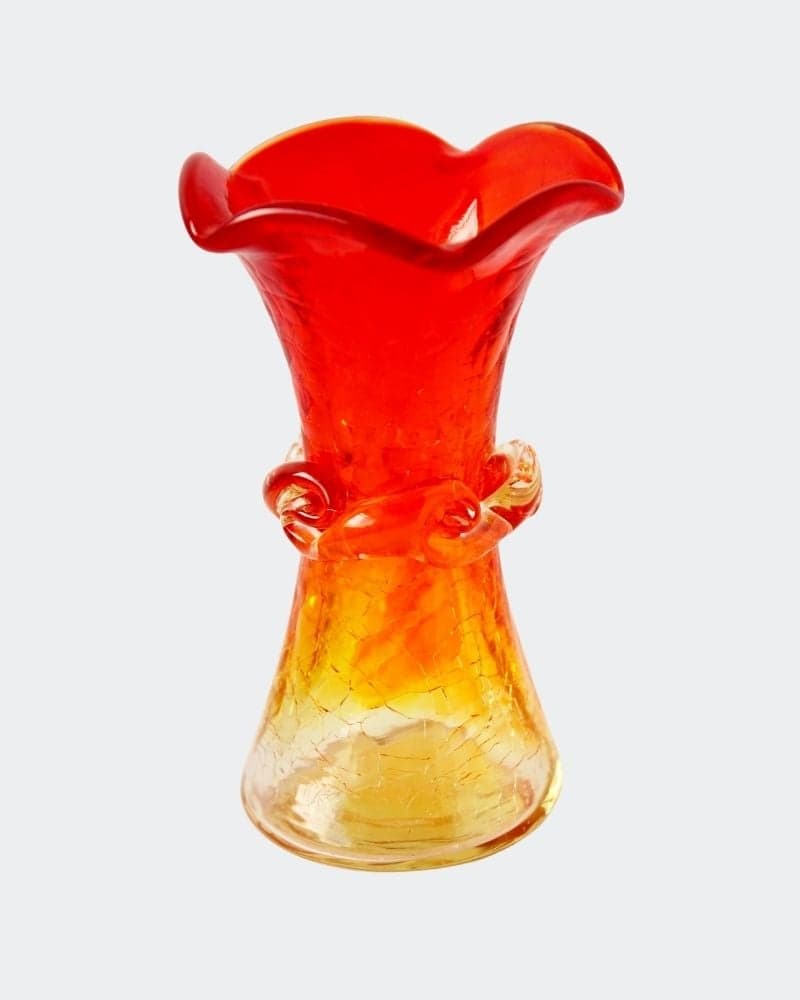 Red and Yellow amberina crackle glass vase