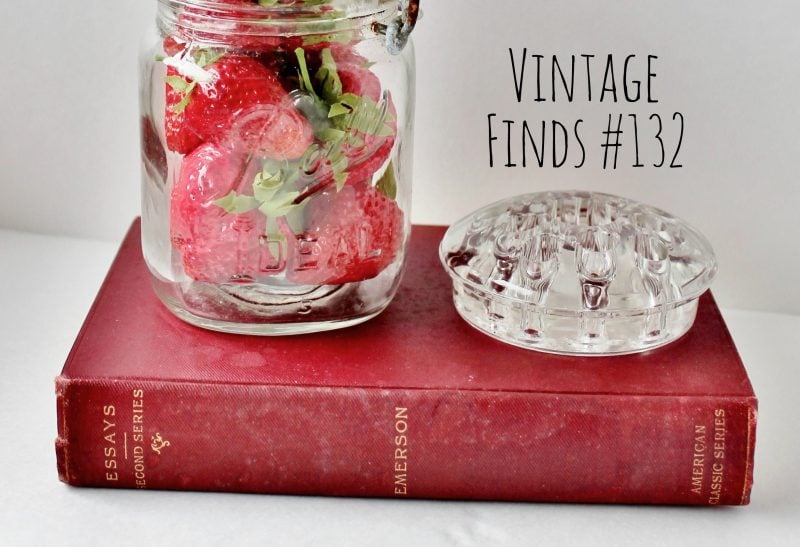 Vintage Book, Ball Jar of Strawberries, & Flower Frog (4)