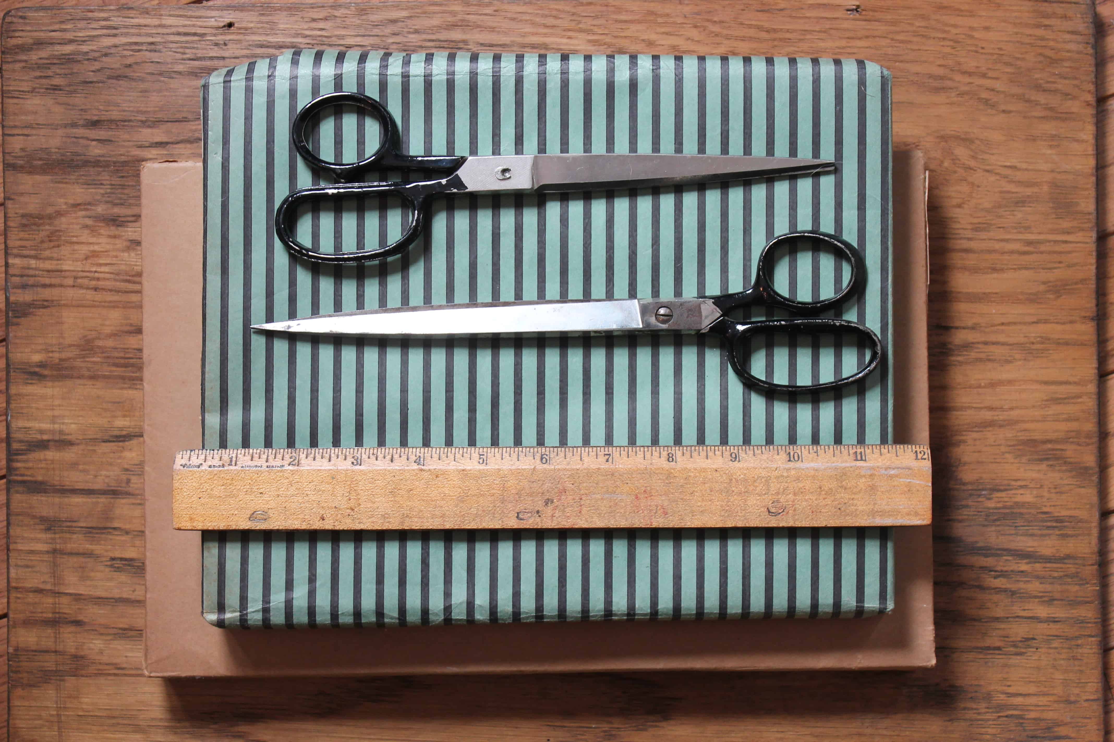 Pack of vintage paper, scissors and ruler