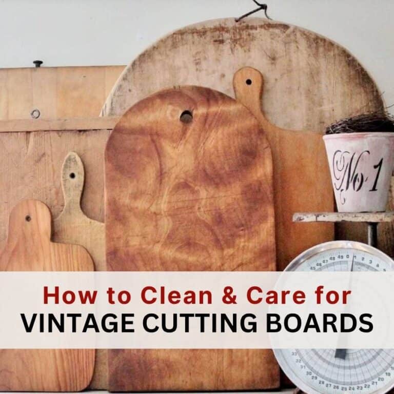 a bunch of wooden cutting boards with text: how to clean and care for vintage cutting boards