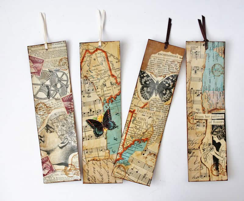 4 colorful vintage altered art bookmarks
