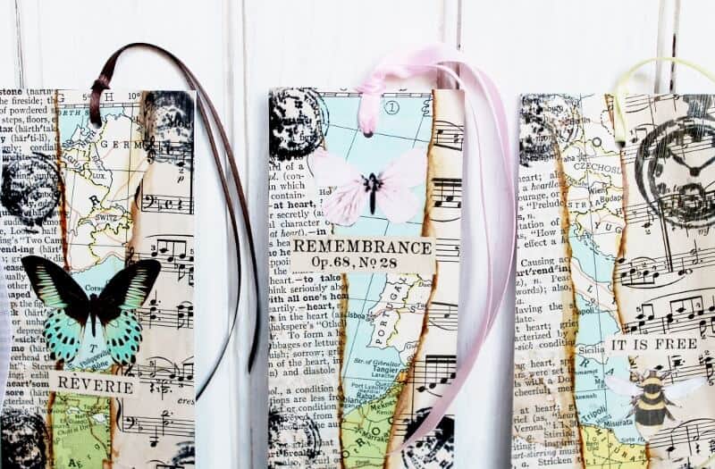 closeup of 3 mixed media bookmarks