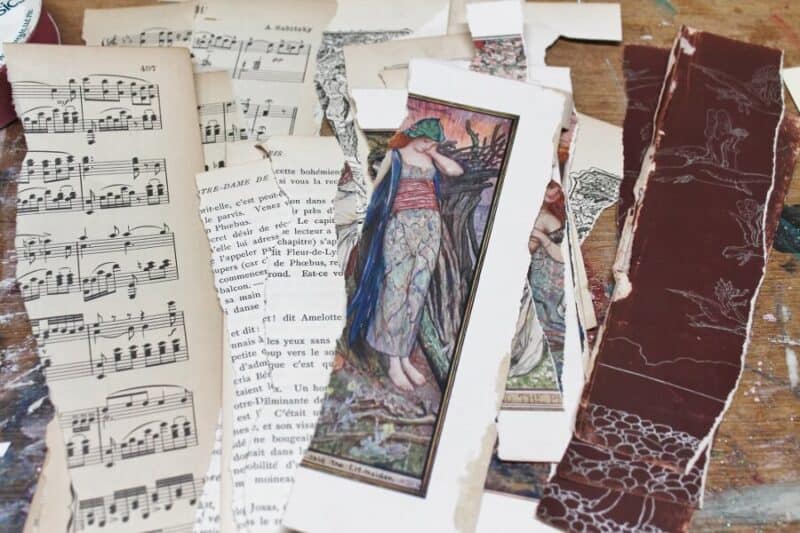torn vintage papers for making mixed media bookmarks