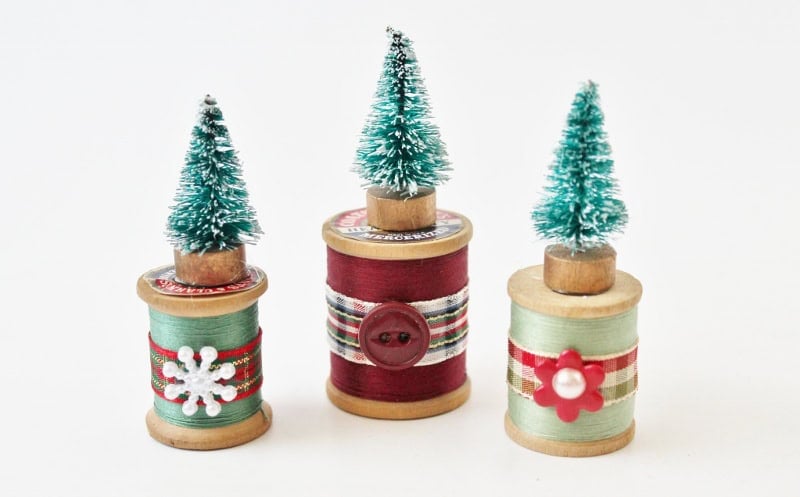 green, brown, light green spools of thread with bb trees on top