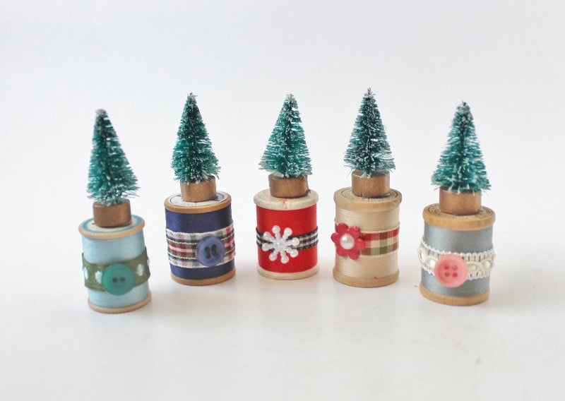 5 bottle brush tree and thread spool christmas decorations