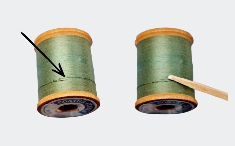 two spools of green thread showing the gluing of the end down