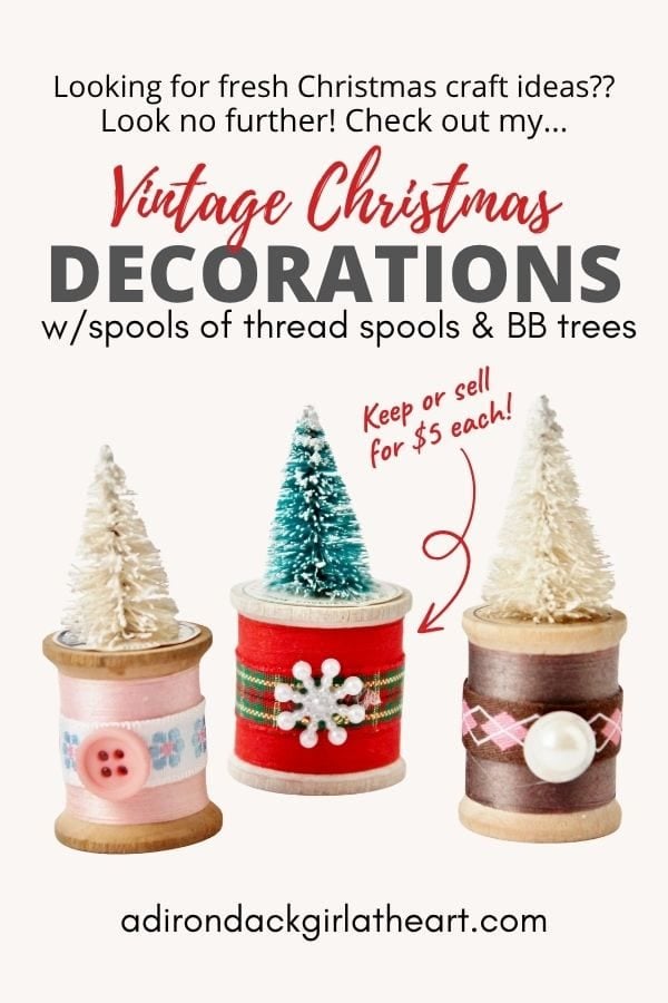 Vintage Christmas decorations image of three examples for pinning to Pinterest