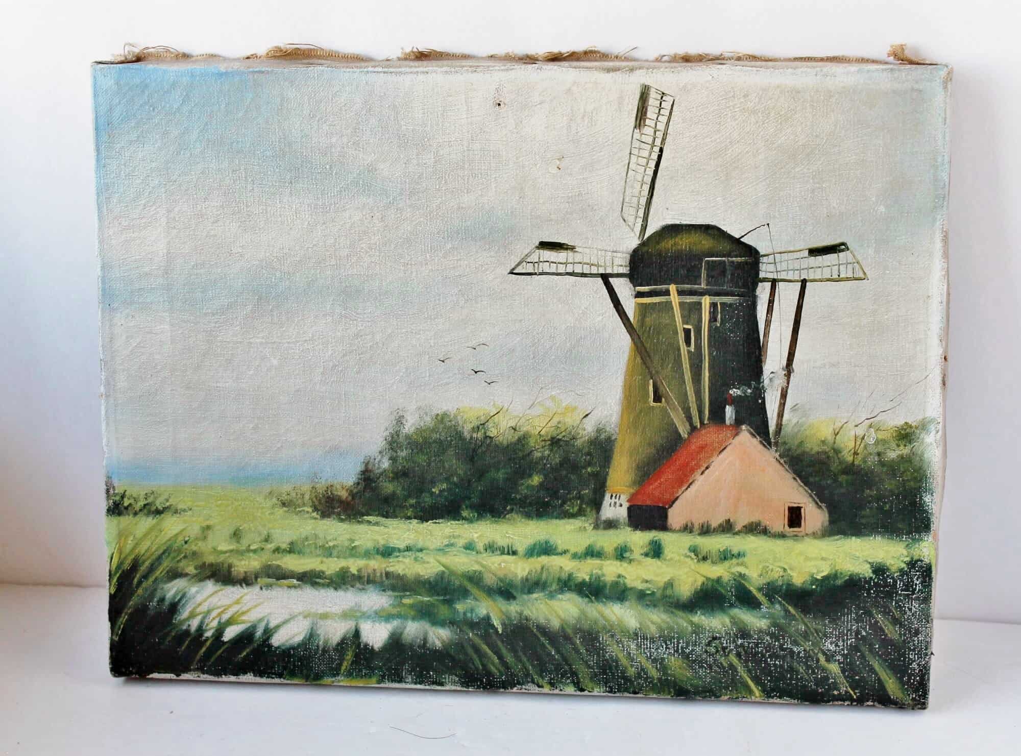 Antique dutch landscape painting of wind mill