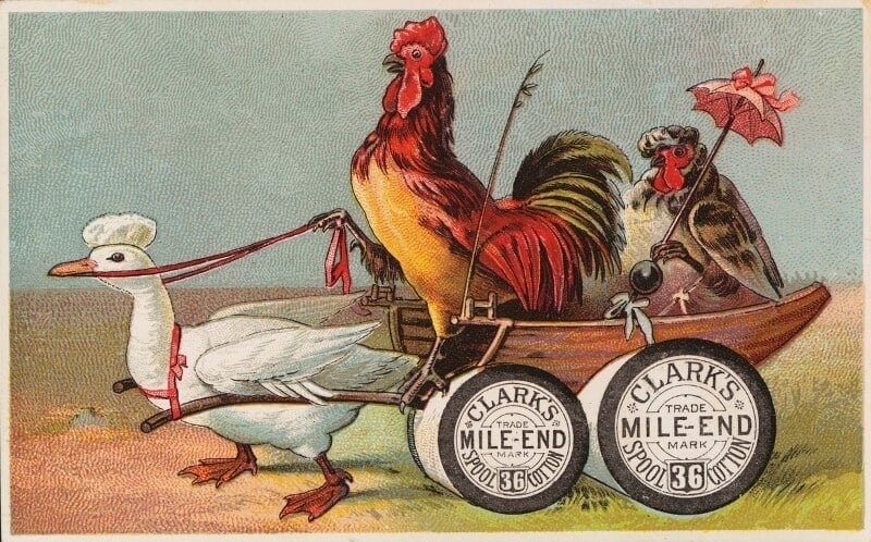 Image with a wagon, rooster, hen, & duck