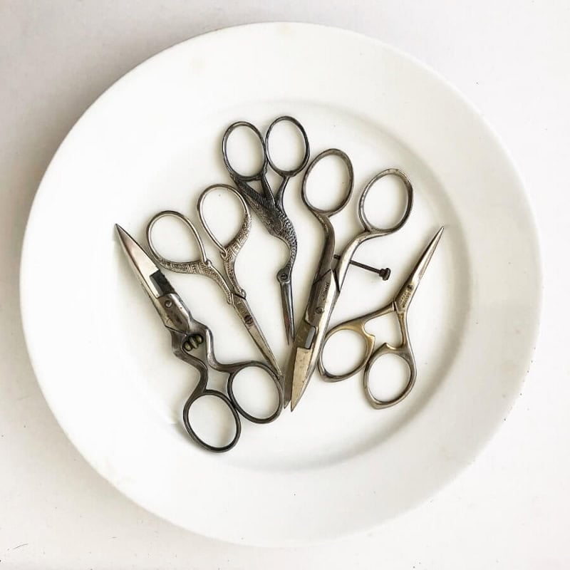 several pair of scissors on a white plate