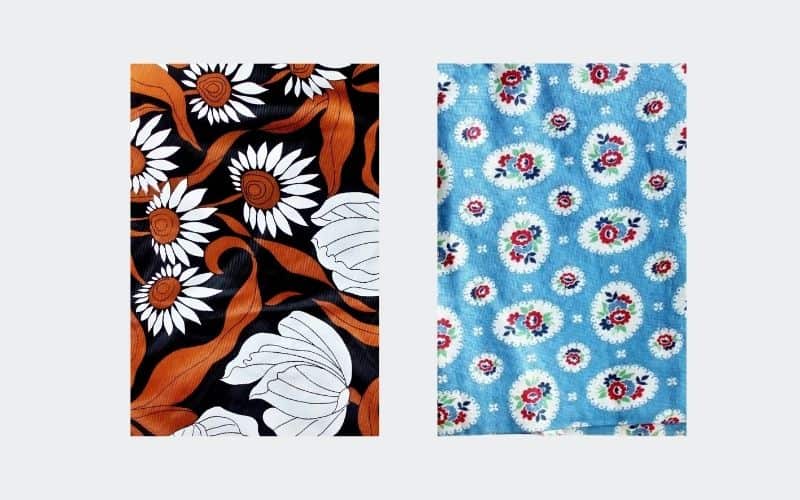 2 pieces of fabric: 1 brown, black and white, the other blue with white and red floral decoration