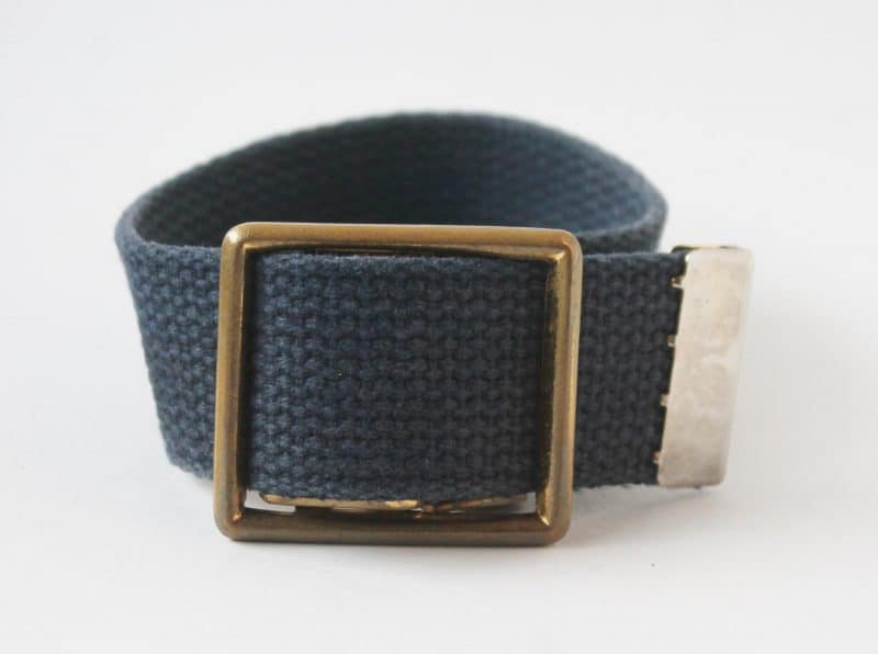 Thrifted blue textile belt bracelet with brass fitting