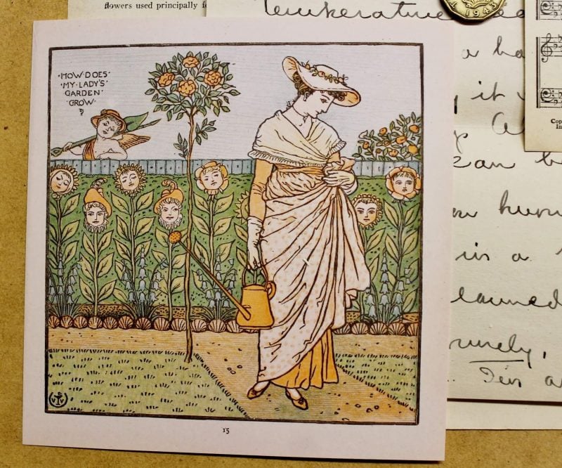 antique illustration of maid in the garden