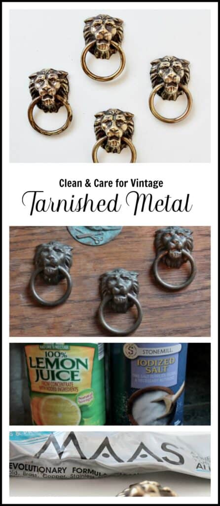 Lion head drawer pulls with text: clean and care for vintage tarnished metal