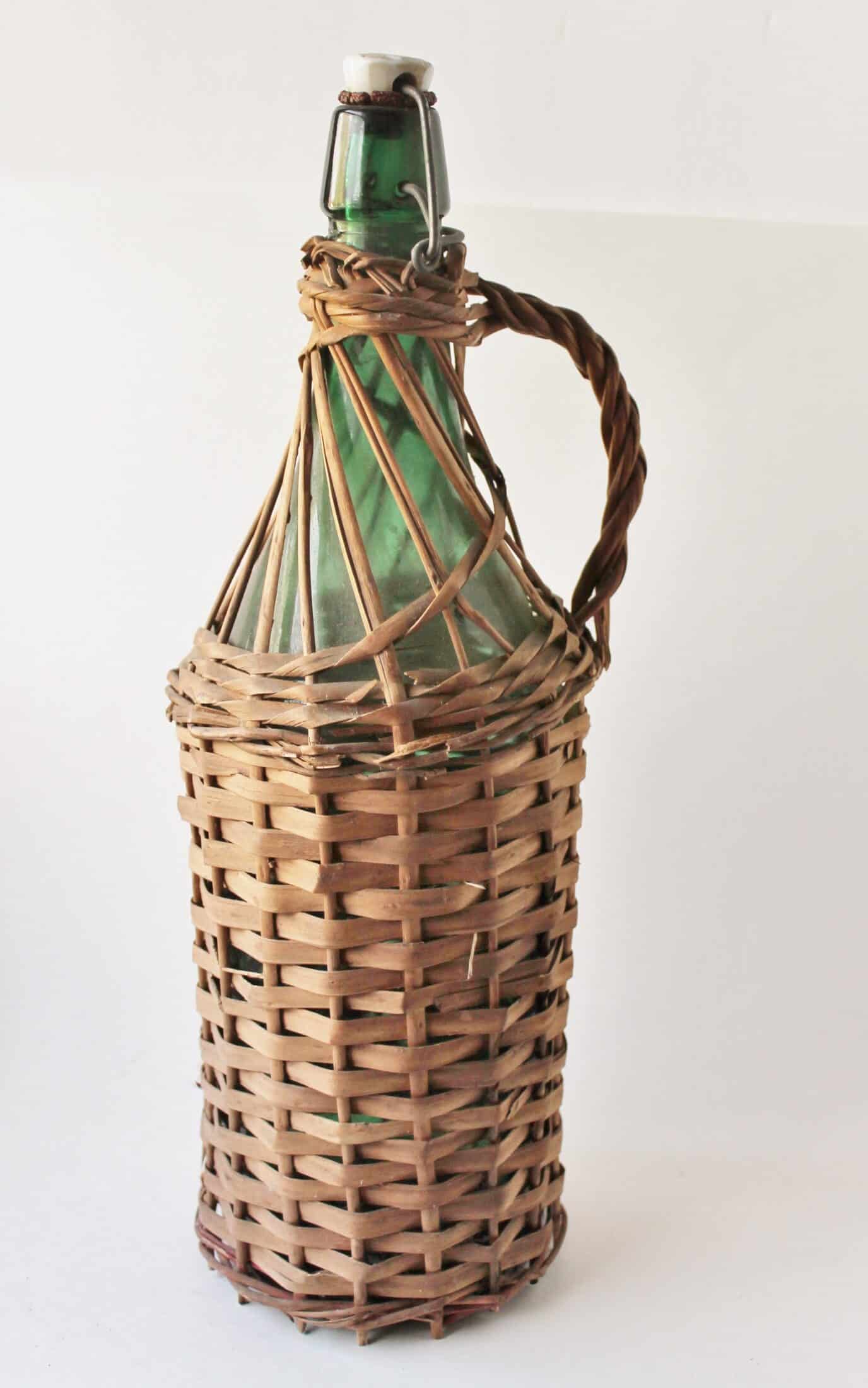 vintage wine bottle with rattan covering