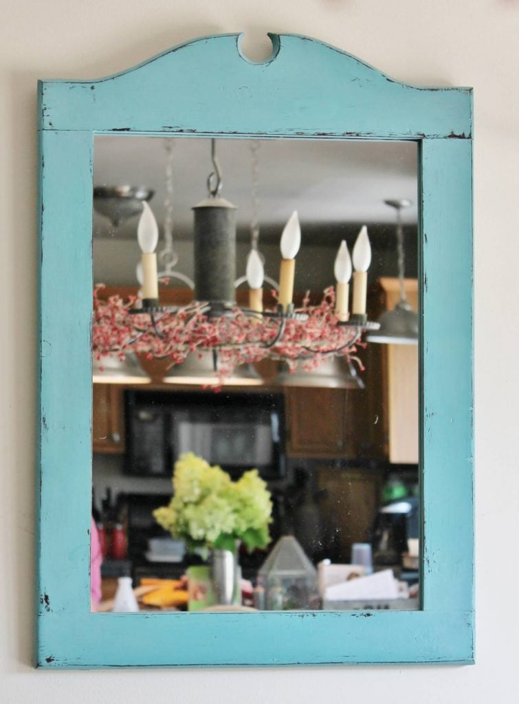 ugly vintage mirror refresh with aqua blue paint