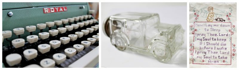 vintage typewriter, candy container, cross stitch