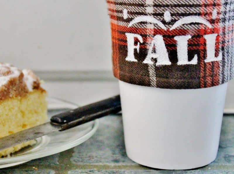 thrifted flannel shirt mug cozy
