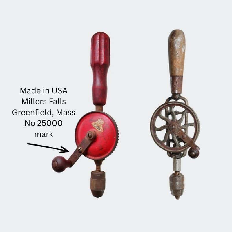 pair of antique drills one red, the other unpainted wood