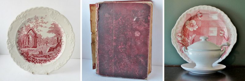 vintage pink transferware and book