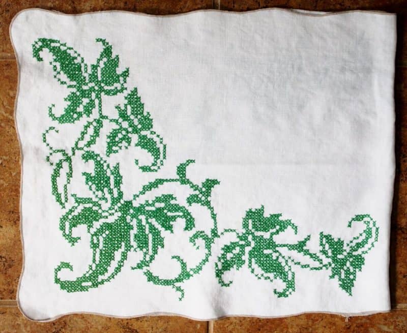 vintage linen with green cross stitch