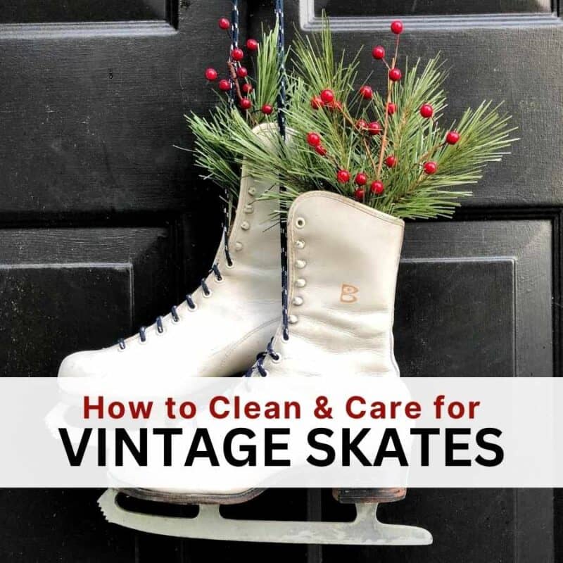 Pair of white skates on black door with greenery, text: How to Clean & Care for Vintage skates