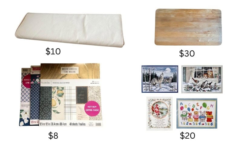 Bold of canvas, cutting board, scrapbook paper, embroidery kits