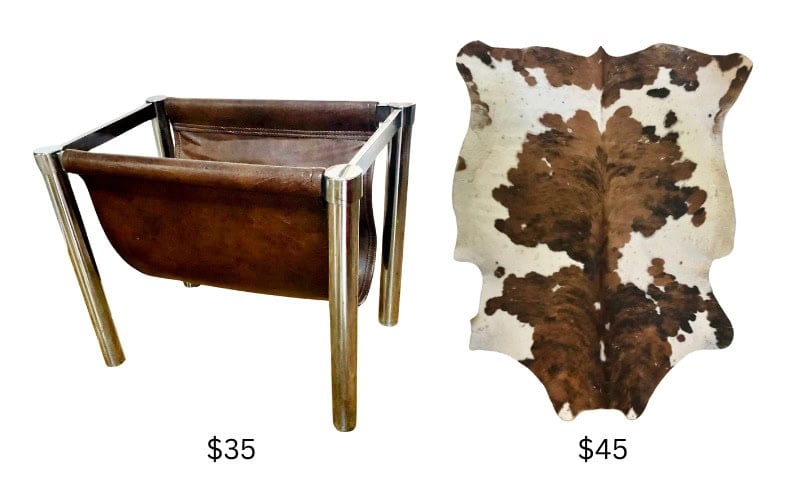 MCM chrom & vinyl magazine holder and a brown & white cow hide
