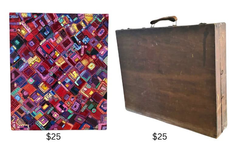 modern art canvas with splashes of paint and a wooden art box