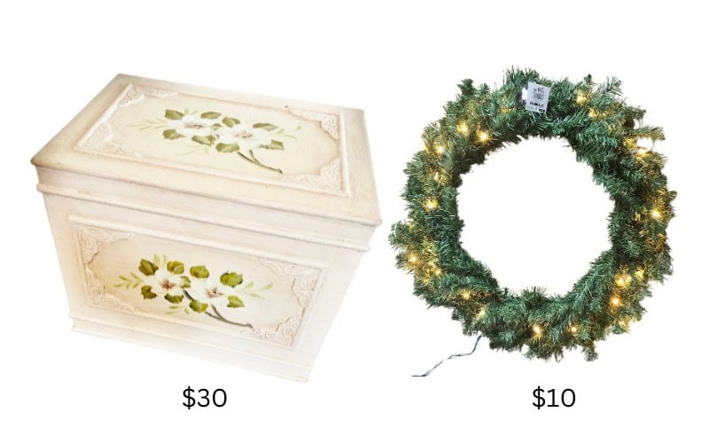White painted box and lighted pine wreath