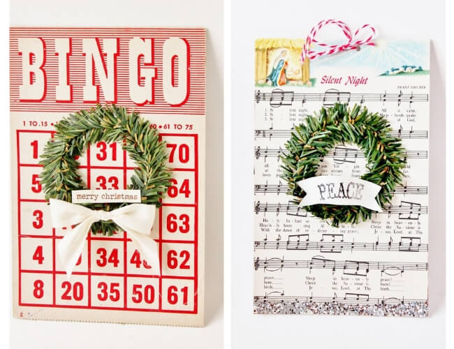 Vintage Bingo card and Christmas carol with mini wreaths