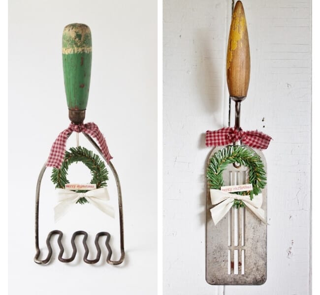 Vintage kitchen utensils with mini wreaths