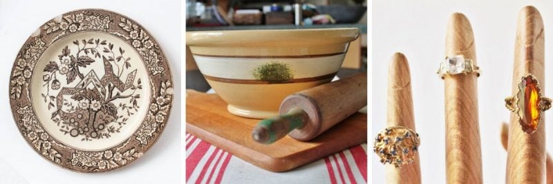 Vintage plate, yellowware, cocktail rings