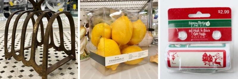Toast rack, faux lemons, Christmas labels