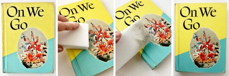 Cleaning the dirty cover of vintage books like On We Go