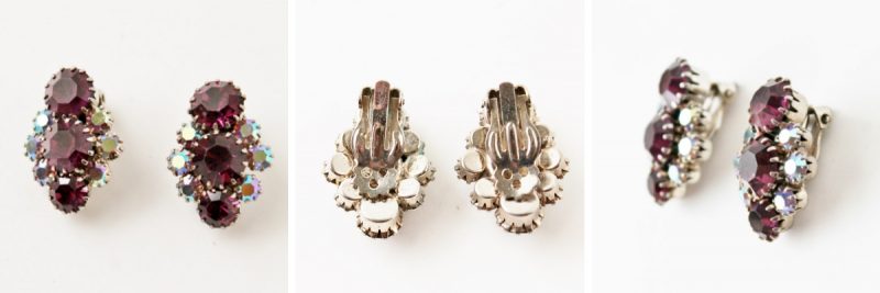 Earrings Ornate Rhinestone Vintage Purple Clip On