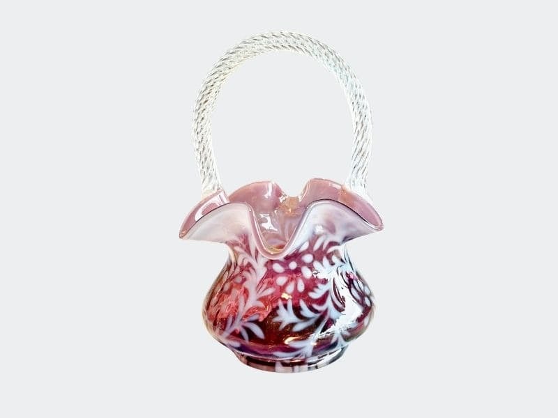 Beautiful cranberry glass basket: Fenton Spanish lace