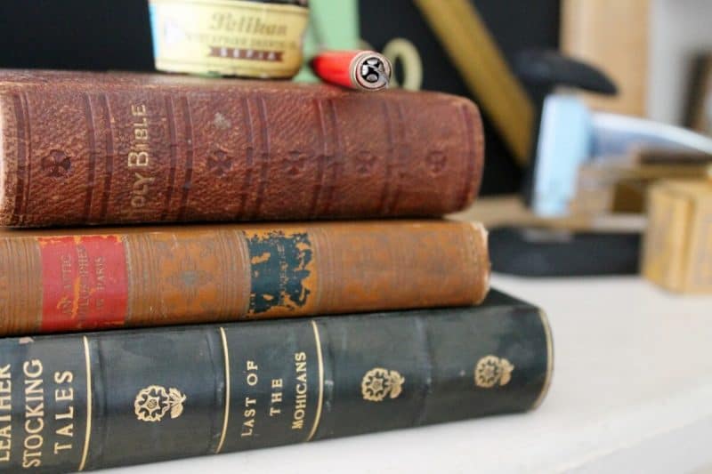 Close up of antique leather bound books