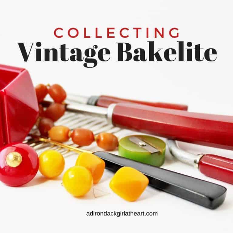 Lead blog post photo of a pile of Bakelite with overlay: Collecting Vintage Bakelite