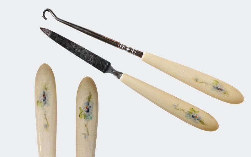 Antique hand painted celluloid set: button hook & nail file