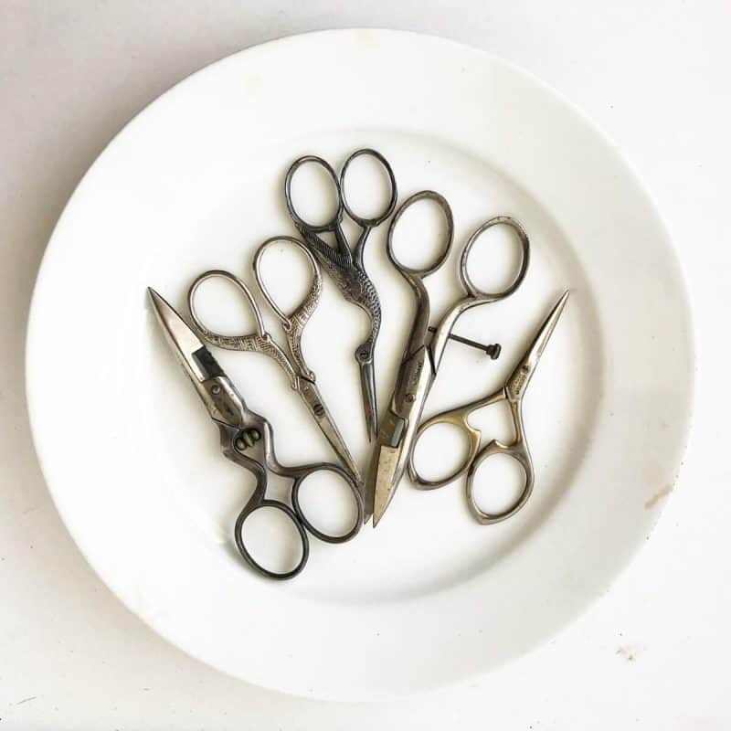 ironstone plate with five pair of vintage scissors
