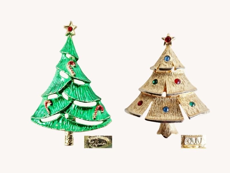 Pair of vintage christmas tree pins one green signed BJ and gold one signed JJ